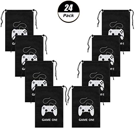 AhlsenL 24 Pack Video Game Bags Black Gaming Party Bags Pattern White Gamepad Two Drawstring with Button Non-Woven Fabrics for Kids Birthday Party