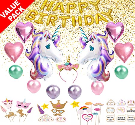 Unicorn Birthday Party Supplies | Unicorn Party Decorations For Girls/Women Set Of 56|Unicorn Birthday Decorations With Unicorn Headband, Happy Birthday Balloons, Unicorn Balloons & Photo Booth Props