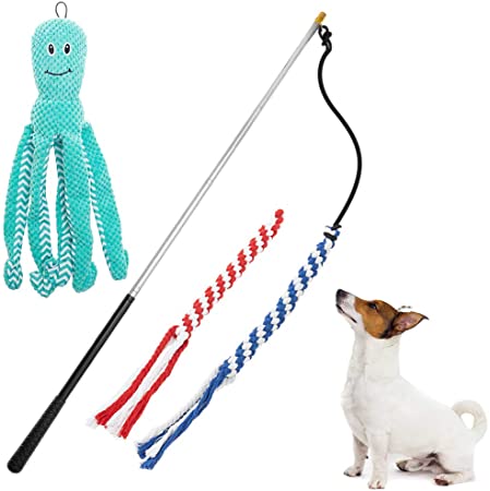 Flirt Pole for Dogs - Retractable Dog Teaser Wand with Refills, Interactive Dog Training Toys, 2 Rope Chew Toys and 1 Octopus Plush Toy