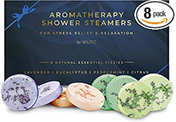 Valitic Aromatherapy Shower Steamers for Stress Relief and Relaxation - Gifts for Women Mom Birthday 8 Natural Essential Fizzies Shower Bombs - 4 Scents - Lavender, Eucalyptus, Citrus, and Peppermint