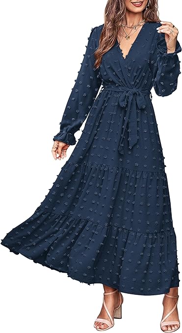 MASCOMODA Fall Dresses for Women 2023 Casual Swiss Dot V Neck Long Sleeve Maxi Dress Belted Long Flowy Wedding Guest Dresses