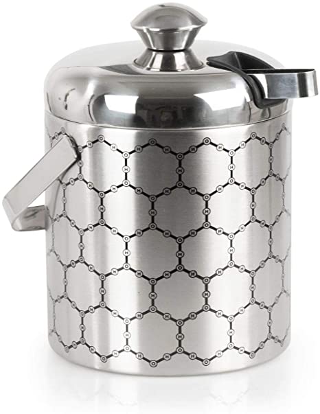 ThinkGeek, Inc. Stainless Steel Ice Bucket with Ice Molecule Pattern | A Fun Way to Keep Your Ice Cold & Frozen | Includes Set of Ice Tongs