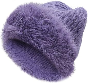 ZLYC Winter Faux Fur Slouchy Beanie Hat for Women Warm Knit Stretch Cuffed Skull Cap