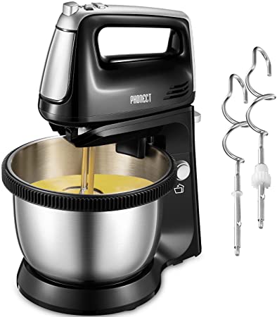Stand Mixer 2 in 1 Hand Mixer Electric with 3.7 Quarts Stainless Steel Bowl (360°Uniform Rotation), 5 Speed Plus Turbo and Eject Function, Include 2 Beaters & 2 Dough Hooks, 250W