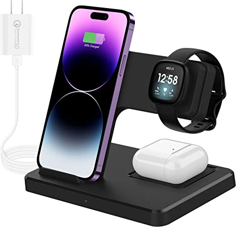 OenFoto 3 in 1 Charging Station Compatible with Fitbit Versa3/ Versa4/Sense/ Sense2– Charging Cable Dock for Versa 3 Smartwatch with Samsung Galaxy S22 Ultra S21 Note 20, AirPods Pro, Galaxy Buds Pro