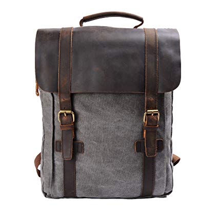 S-ZONE Retro Canvas Leather School Travel Backpack Rucksack 15.6-inch Laptop Bag