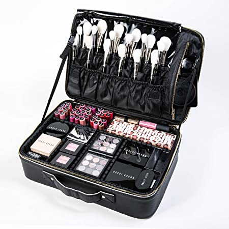 Makeup bag makeup case travel makeup train bag black large capacity with dividers cosmetic bag organizer GLAMFORT