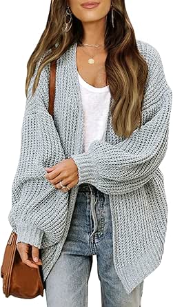 MEROKEETY Women's 2024 Fall Open Front Long Lantern Sleeve Cardigan Oversized Chunky Outwear with Pocket