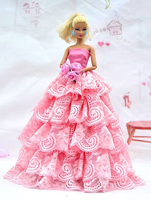 KUPOO Beautiful Pink Dress with Lots of Ruffles includes hand stick Rose Made to Fit the Barbie Doll