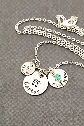 New Mom Necklace - DII - Personalized New Baby Stats – 3/8 Inch, 1/2 Inch, 5/8 Inch 9.5MM, 12MM, 15MM Discs – Choose Birthstone – Custom Name Date Weight