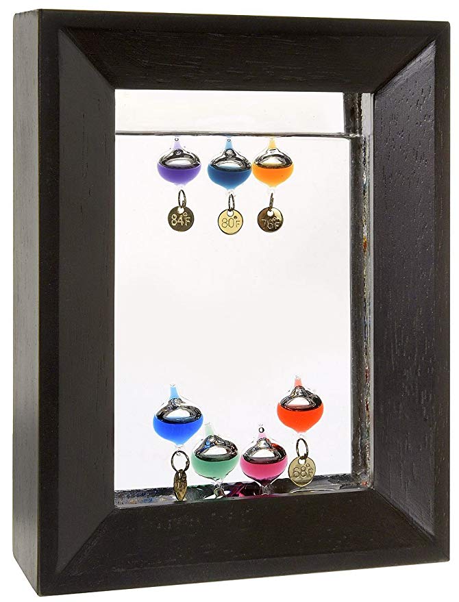 Lily's Home 7" Rectangle Wood Frame Galileo Thermometer with 7 Multi Color Floats and Gold Temperature Tags