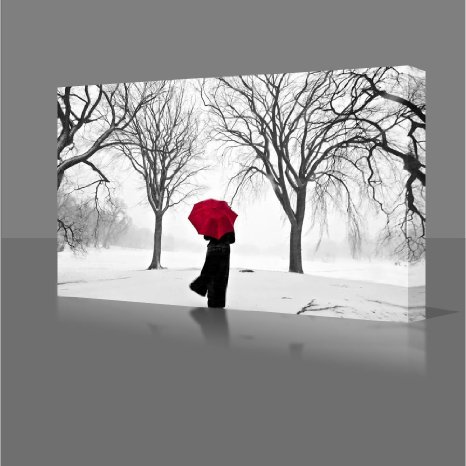 COLOURED RED UMBRELLA IN THE SNOW STUNNING Large 77cm x 55cm Gallery Framed Giclee Canvas Art Picture Print Ready To Hang NEW Modern Wall Art