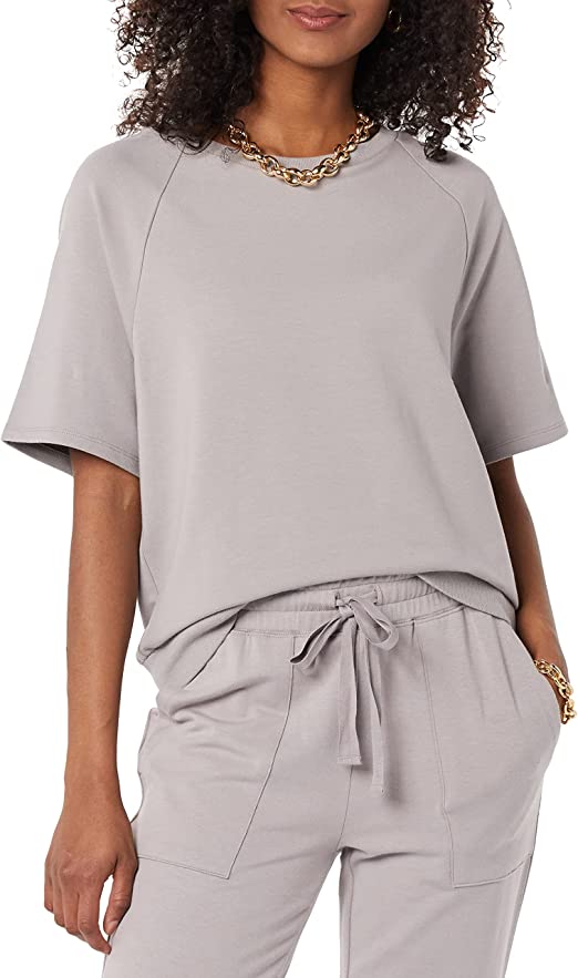 Daily Ritual Women's Terry Cotton and Modal Cropped Crewneck Short Sleeve Sweatshirt