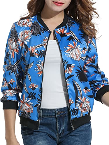 ACEVOG Womens Classic Zipper Floral Printed Jacket Short Bomber Jacket Coat