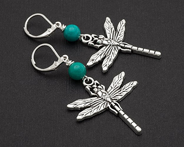 Silver Dragonfly insect natural turquoise dangle earrings lever-back 2.2 in