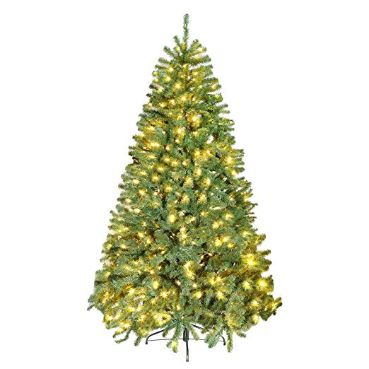 Hykolity 6.5ft Pre-Lit Christmas Tree, Artificial Xmas Tree with 450 Clear Warm White Lights, 900 Tips, Hinged Branches, UL Listed Bulb