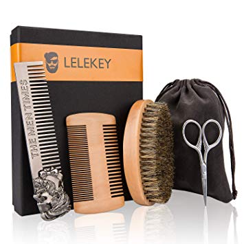 LELEKEY Beard Brush and Comb Set,4-in-1 Beard Grooming Kit,Natural Boar Bristle Brush Dual Action Wood Comb Stainless Steel Comb Mini Scissors w/Travel Pouch,Great for Grooming Beards and Mustache