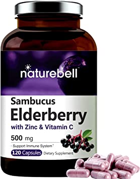 Sambucus Elderberry Capsules with Zinc and Vitamin C, 500mg,120 Capsules, Support Immune System and Antioxidant, Non-GMO and Made in USA