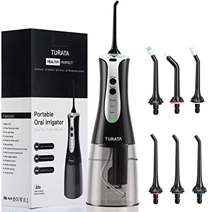 TURATA Water Flosser Cordless Oral Irrigator, IPX7 Waterproof Portable Dental Electronic Teeth Cleaner, 3 Flossing Modes with 6 Multifunctional Tips, USB Rechargeable for Braces and Implants