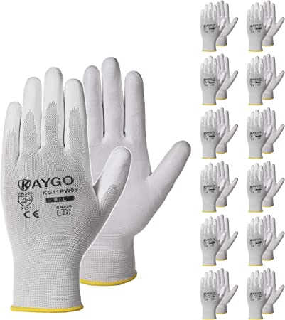 Safety Work Gloves PU Coated-12 Pairs,KAYGO KG11PB, Seamless Knit Glove with Polyurethane Coated Smooth Grip on Palm & Fingers, for Men and Women, Ideal for General Duty Work (L, White)