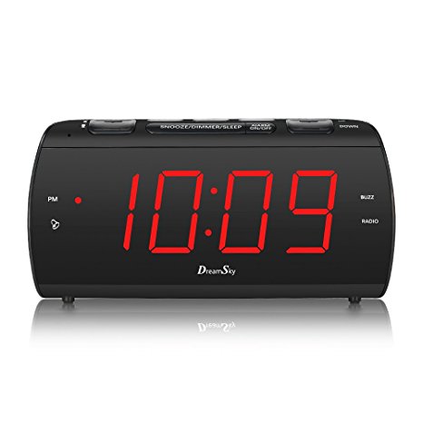 DreamSky Digital Alarm Clock Radio With USB Port And FM Radios , Earphone Jack , Large 1.8 " LED Display With Dimmer , Snooze , Sleep Timer , Battery Back , Outlet Powered Clock For Bedroom.