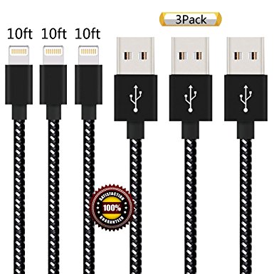 Suanna Lightning Cable, 3Pack 10FT Certified Nylon Braided Cord iPhone Cable Certified to USB Charging Cable for iPhone 7, 7 Plus, 6S, 6 , SE, 5S, 5, iPad Air/Mini, iPod Nano 7 (Black White)