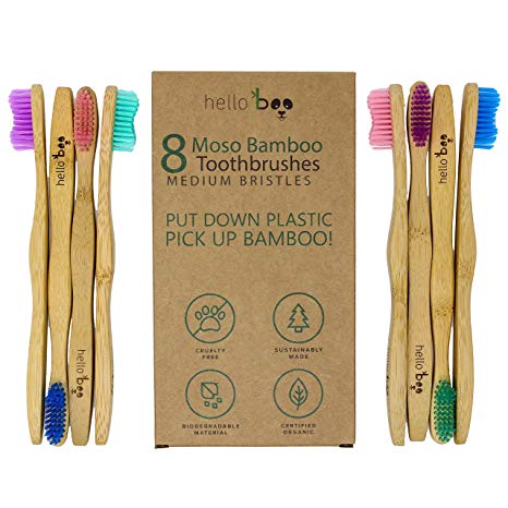 Bamboo Toothbrush for Adults 8-Pack Biodegradable Tooth Brush Set - Organic Eco-Friendly Moso Bamboo with Ergonomic Handles & Medium BPA Free Nylon Bristles | By HELLO BOO