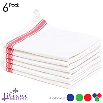 Liliane Collection 6 (18”x28”) -100% Cotton Dish Vintage Design with Two Red Side Stripes. Classic Set. Absorbent Kitchen Towels with Hanging Loop