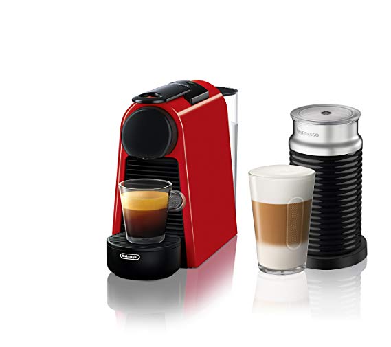 Nespresso Essenza Mini Original Espresso Machine with Aeroccino Milk Frother Bundle by De'Longhi, Red