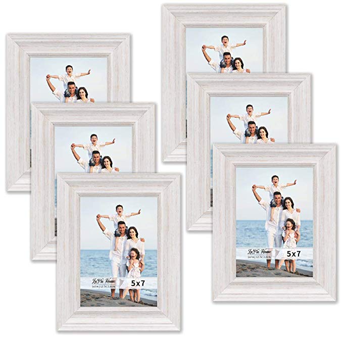 LaVie Home 5x7 Picture Frames (6 Pack, White Wood Grain) Rustic Photo Frame Set with High Definition Glass for Wall Mount & Table Top Display