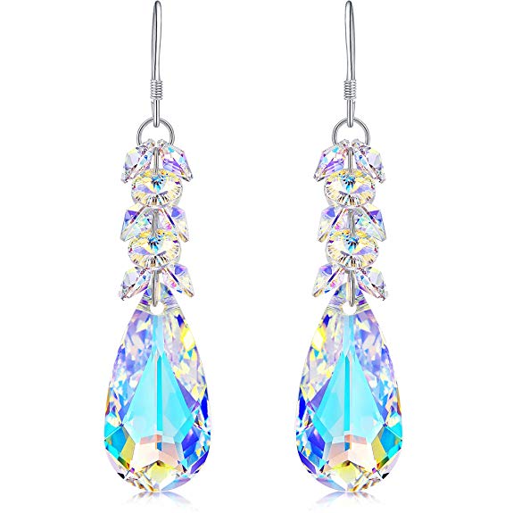 DESIMTION Sterling Silver Drop Dangle Stud Earrings for Women, Aurora Borealis Color Change Swarovski Crystals Earrings with Gift Box