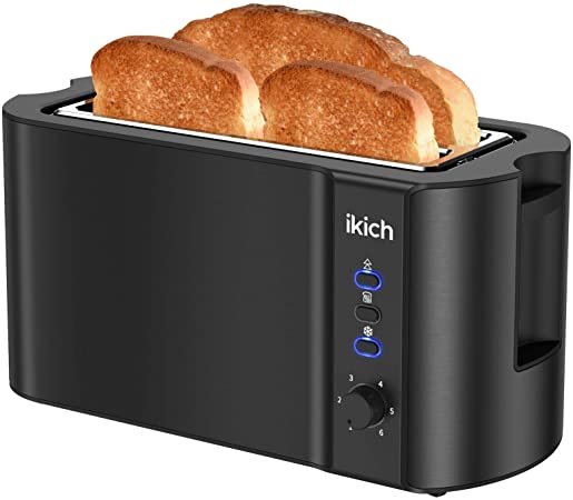 IKICH Toaster 2 Long Slot, Toaster 4 Slice Stainless Steel, Warming Rack, 6 Browning Settings, Defrost/Reheat/Cancel, Removable Crumb Tray, 1300W, Sesame Black