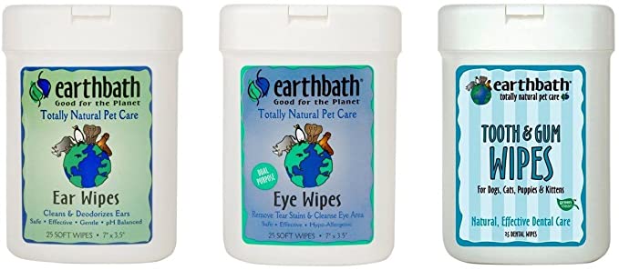 Earthbath Dog Cat Grooming Care Bundle - (1) Each: Ear Wipes, Eye Wipes, Dental Tooth Gum Wipes, 25 Count