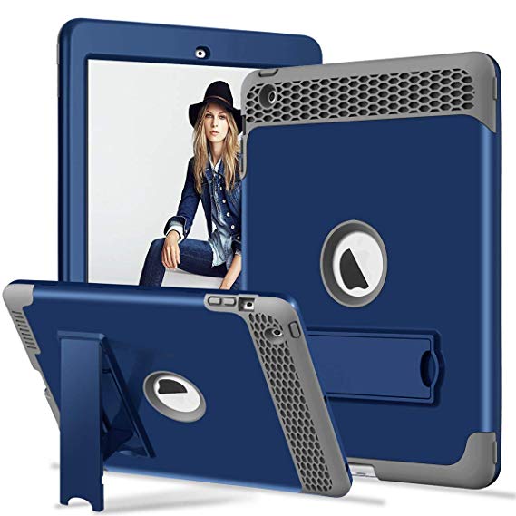 Hocase iPad 4/3/2 Case with Built-in Kick Stand, Heavy Duty Protection Hard Plastic Cover Shock Absorbent Silicone Rubber Bumper Protective Case for 9.7 iPad 4th/3rd/2nd Generation - Navy Blue