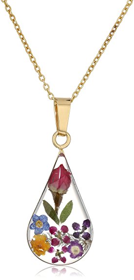 Sterling Silver Pressed Flower Teardrop Pendant Necklace