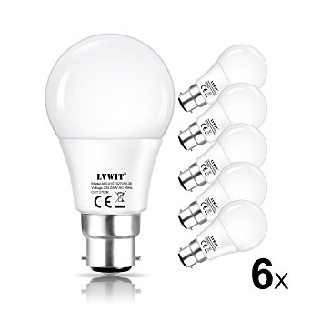 B22 Led Light Bulb, LVWIT A60 10W Bayonet LED Bulbs Equivalent to 80W Incandescent 2700K Warm White Standard Frosted Ultra Bright 1055Lm Non-Dimmable LED Light Bulb 6 Packs