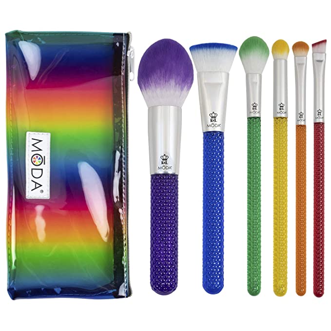 MODA Full Size Rainbow 7pc Makeup Brush Set with Pouch, Includes - Powder, Precision Contour, Highlighter, Super Crease, Small Shader and Brow Designer Brushes, Multicolor