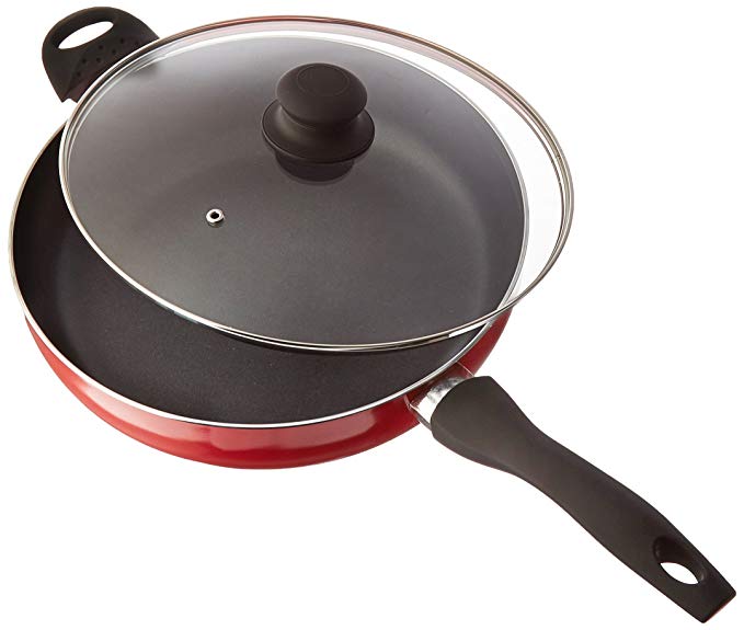 Vremi 12 inch Nonstick Saute Pan Covered with Tempered Glass Lid - Big 5 Quart Capacity for Stir Fry Frying Or as Saucepan - Non Stick Saute and Frying Pan - Deep Large and Ovenproof - Red