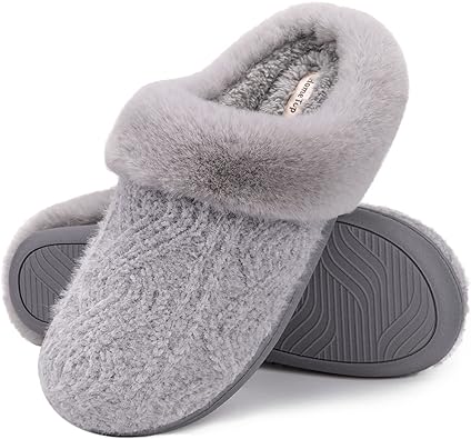 HomeTop Women's Fuzzy Knited Memory Foam House Slippers with Indoor Outdoor Rubber Sole