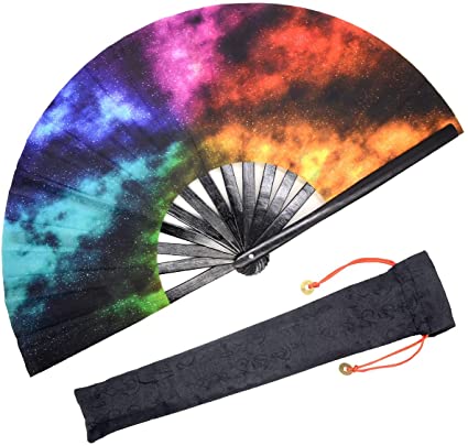 OMyTea Bamboo Large Rave Folding Hand Fan for Men/Women - Chinese Japanese Handheld Fan with Fabric Case - for Electronic Dance Music Festival, Performance, Decorations, Gift (Colorful Galaxy Nebula)