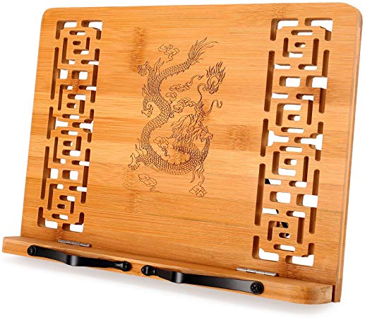 MEGREZ Bamboo Foldable Book Stand (13 x 9.4 inch) Reading Frame Rest Holder Cookbook Cook Stand/iPad Tablet PC Textbook/Music Document Stand/Desk Bookrest with Retro Hollow, Chinese Dragon