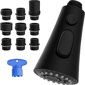 Hibbent Kitchen Faucet Head Replacement, 3-Function Pull Down Kitchen Faucet Sprayer Head with 9 Adapters, Sink Spray Nozzle Compatible with Moen, American Standard, Delta, Kohler Faucets, Matte black