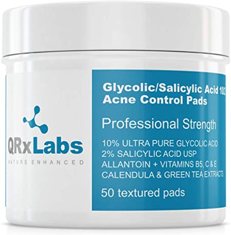 Glycolic/Salicylic Acid 10/2 Acne Control Pads With 10% Ultra Pure Glycolic Acid + 2% Salicylic Acid, Allantoin, Vitamins B5, C & E, Calendula & Green Tea - Most Effective Acne Treatment - Clear Skin