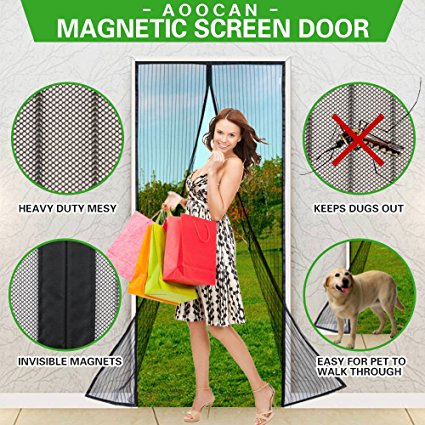 Aoocan Magnetic Screen Door with Heavy Duty Mesh Curtain and Full Frame Velcro Fits Door Size up to 36-82 Max- Black