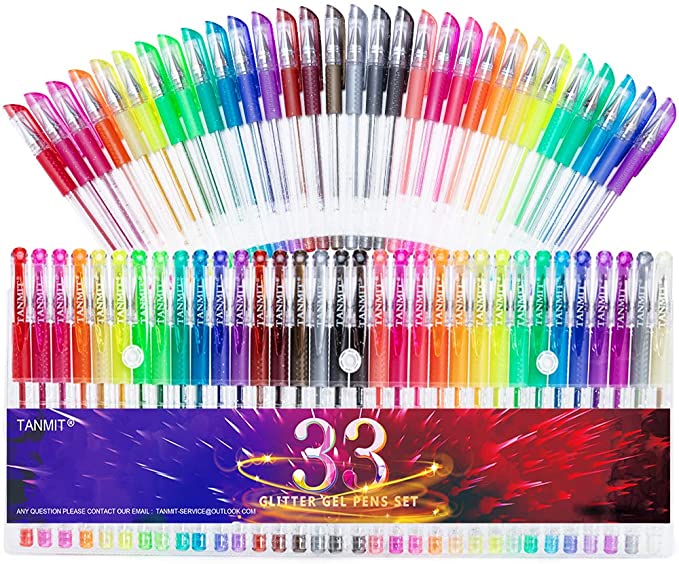 Glitter Gel Pens, 33 Colors Neon Glitter Pens Set Gel Art Markers with 40% More Ink for Adult Coloring Books, Drawing, Journaling, Doodling