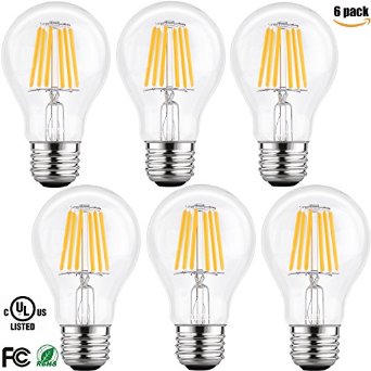 LETO A19 6W LED Dimmable Filament Edison Style Light BulbUL Listed60W Equivalent Soft White 2700k E26 Base 6-Pack