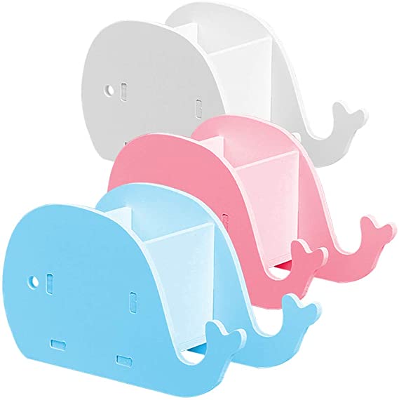 3 Pcs Whale-Shape Desk Pencil Pen Holder & Cell Phone Stand, AIFUDA Wood Plastic Board Cute Stationery Multifunctional Organizer for Home Office Adults Kids - White, Blue, Pink