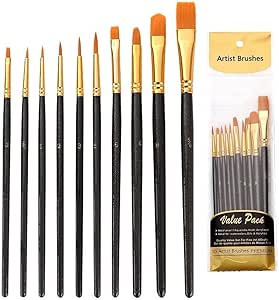 with 10 Each Brush Set, Flat/Shader Tip Brushes for Watercolor, Oil, Acrylic Painting and Crafts, Nail, Face Paint (Black)