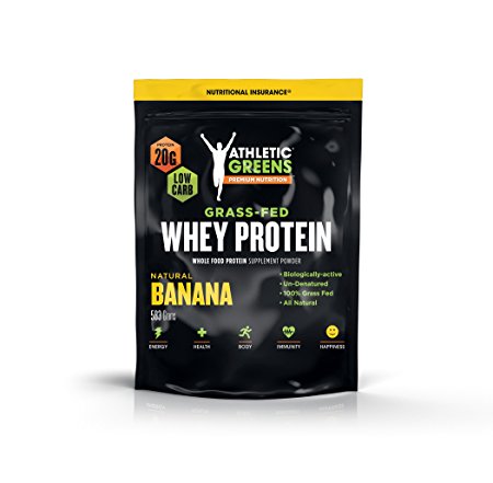 Athletic Greens Grass-Fed Whey Protein, Natural Banana - Deliciously Smooth Protein Shake, 100% Grass-Fed (No Hormones, Certified No GMOs), 20g of Protein Per Serving, 583 grams