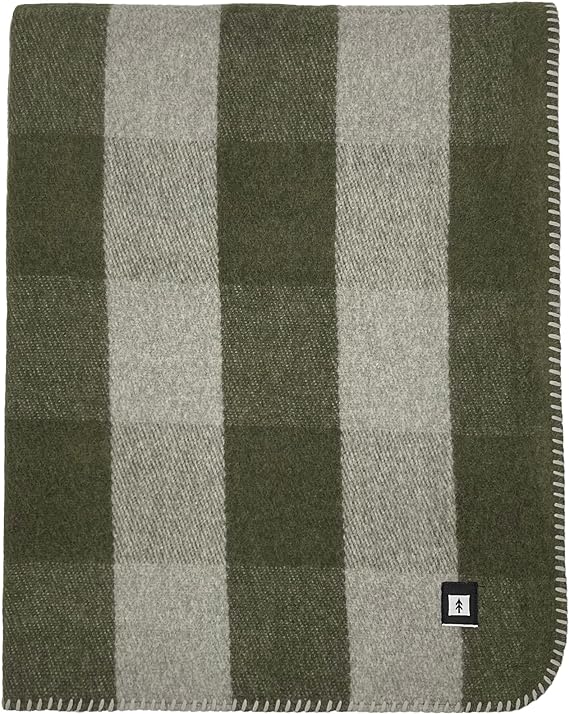 EKTOS 90% Wool Plaid Blankets, 90" x 66", Wool Camp Blanket, Warm Outdoor Blanket (Olive Green)